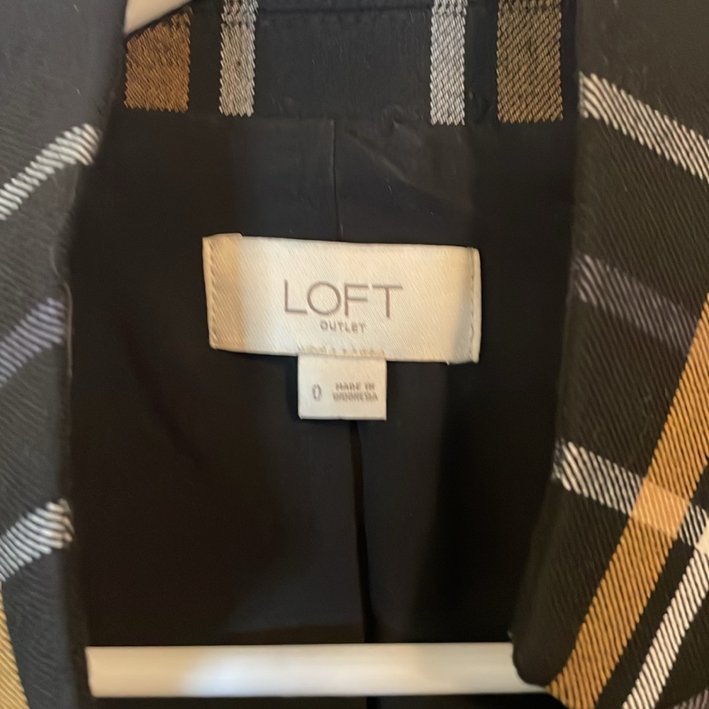 Loft stretch blazer. Black, gold and white plaid. Size 0. - Picture 2 of 5